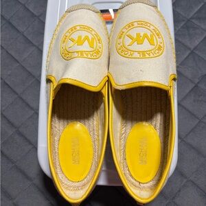 Michael Kors Cream Canvas Slip-On Flats with Yellow Trim
